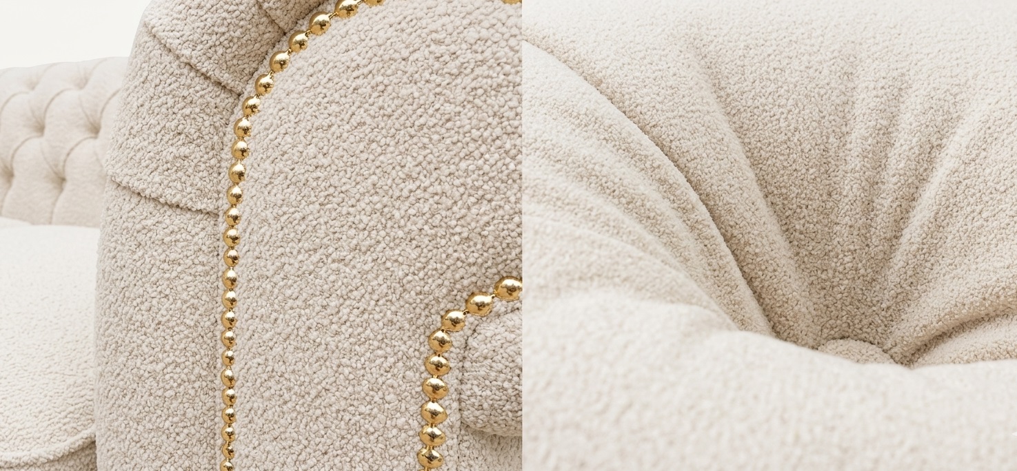 Szczegóły wykonania luksusowej sofy: zbliżenie na tkaninę bouclé oraz ręczne pikowanie z nitami